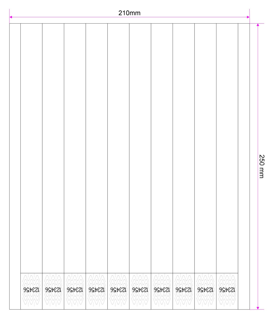 The sheet: 210 mm across the top, 250 mm down the side, ten vertical bands with the serial number zone along the bottom