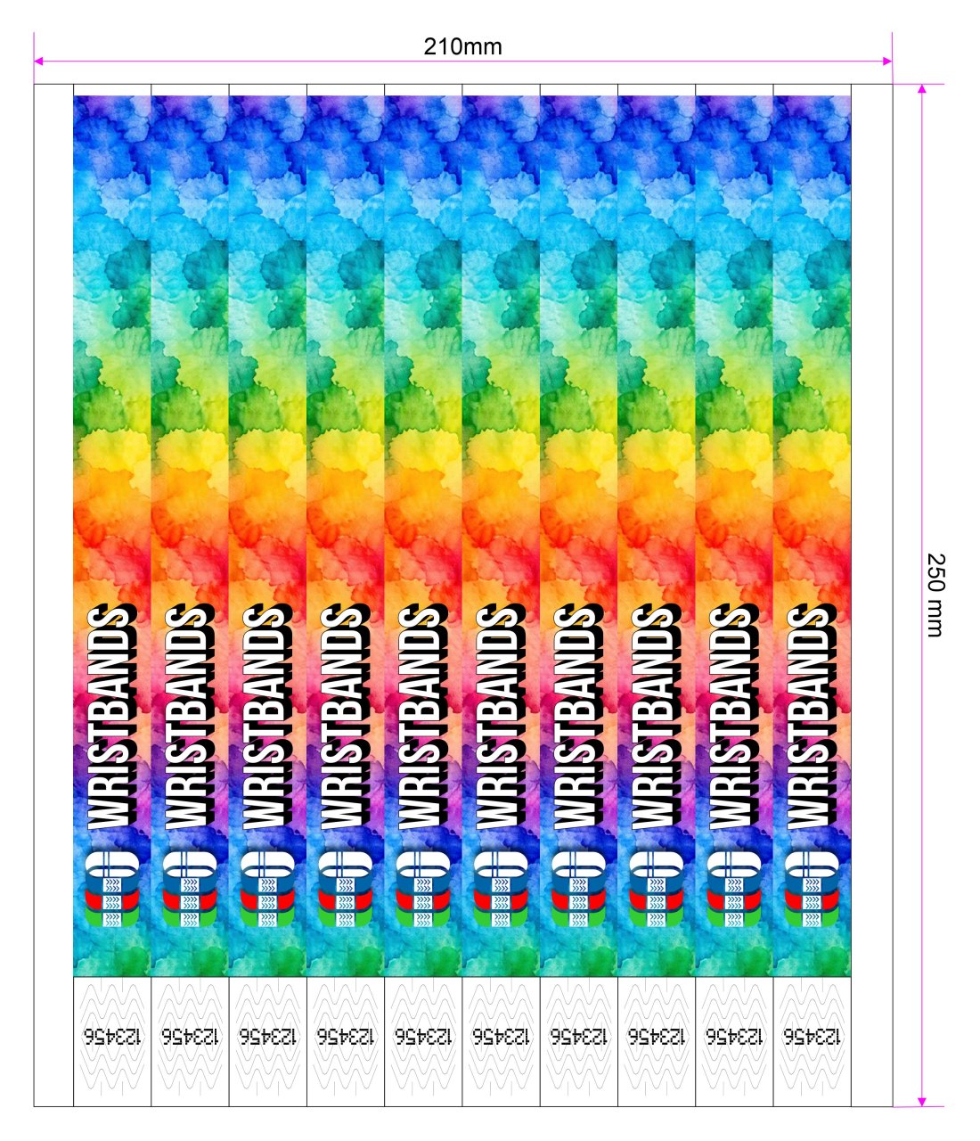 A finished sheet: the same design repeated across all ten bands, with the serial number zone left clear