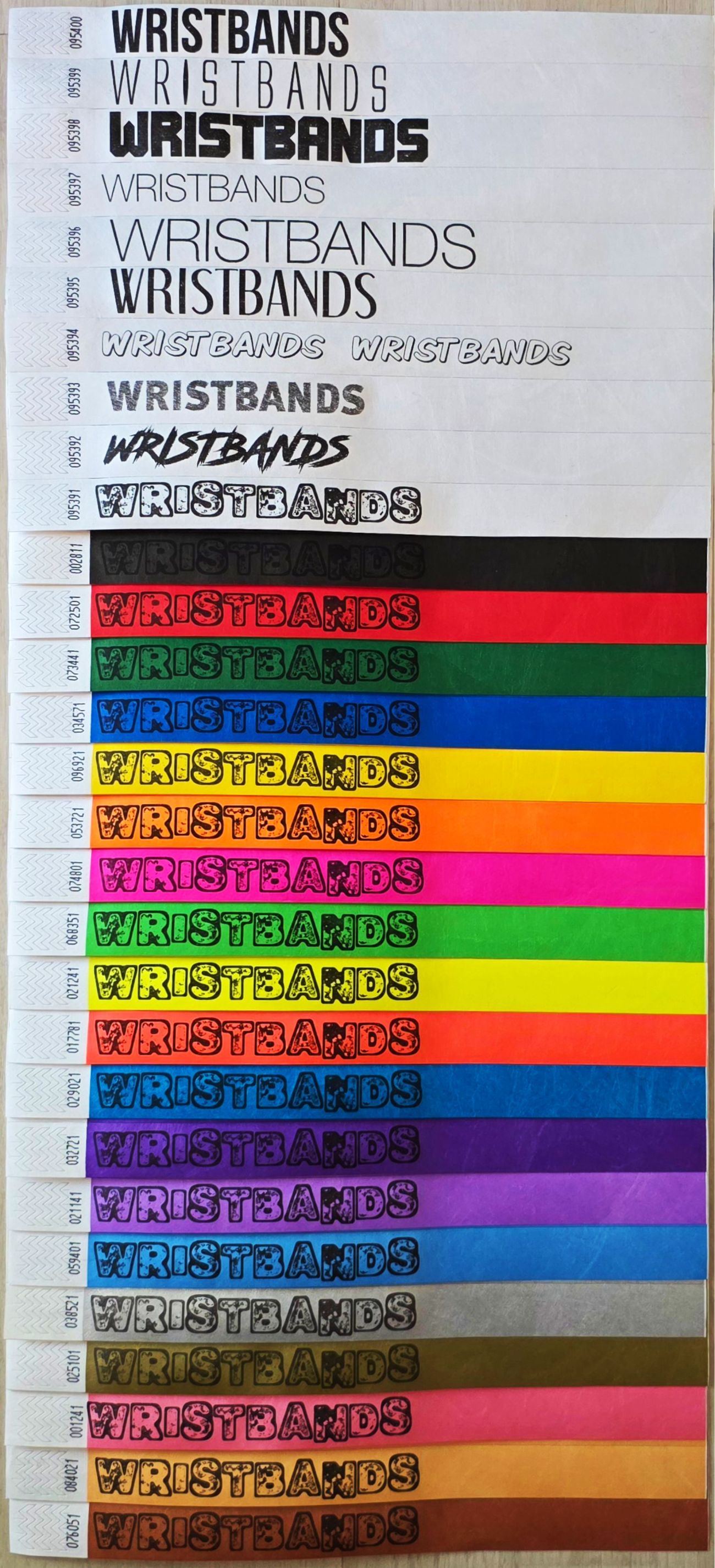 Black print shown on every Tyvek band colour