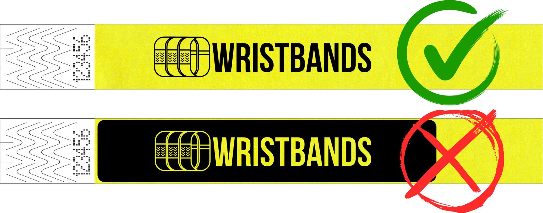 The same design printed directly on the band, and knocked out of a solid black block