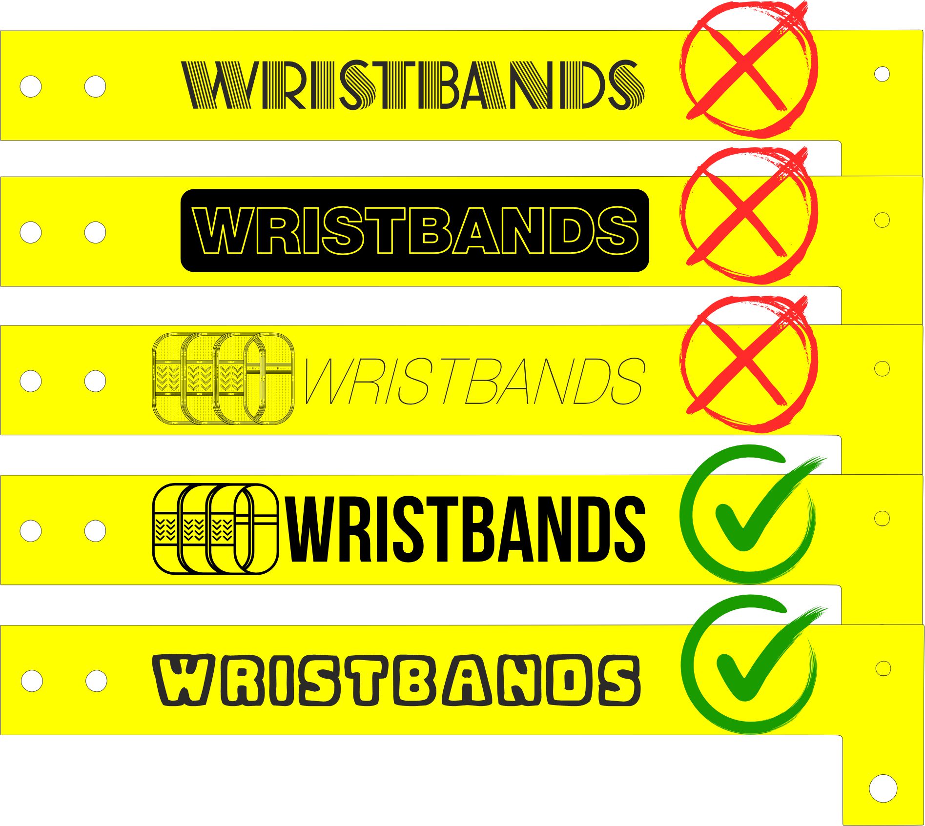 Five vinyl wristbands: three rejected designs built from hairlines, outlines and fine detail, and two accepted designs drawn in solid shapes