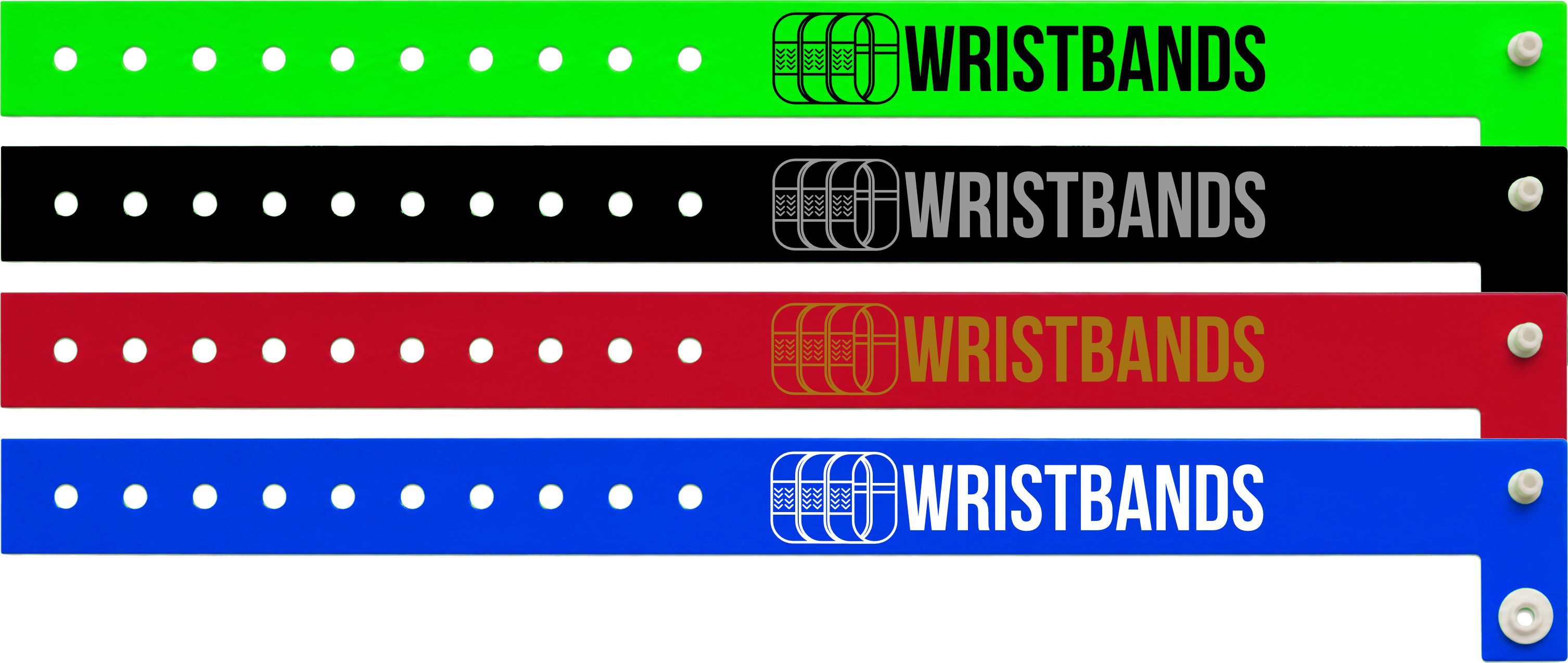 Four vinyl wristbands: black print on neon green, silver on black, gold on red and white on blue