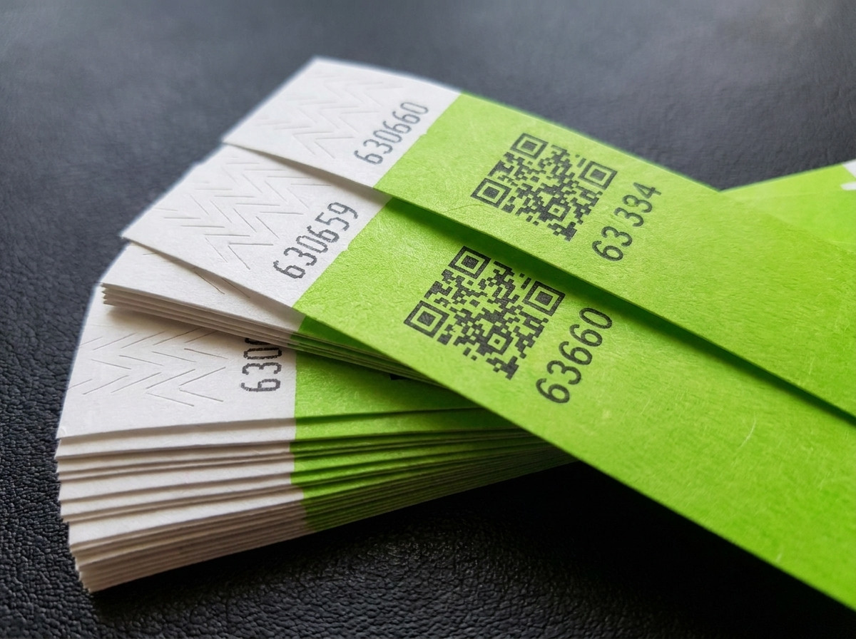 Stack of custom Tyvek wristbands with QR code and sequential numbering, tamper-proof closure visible