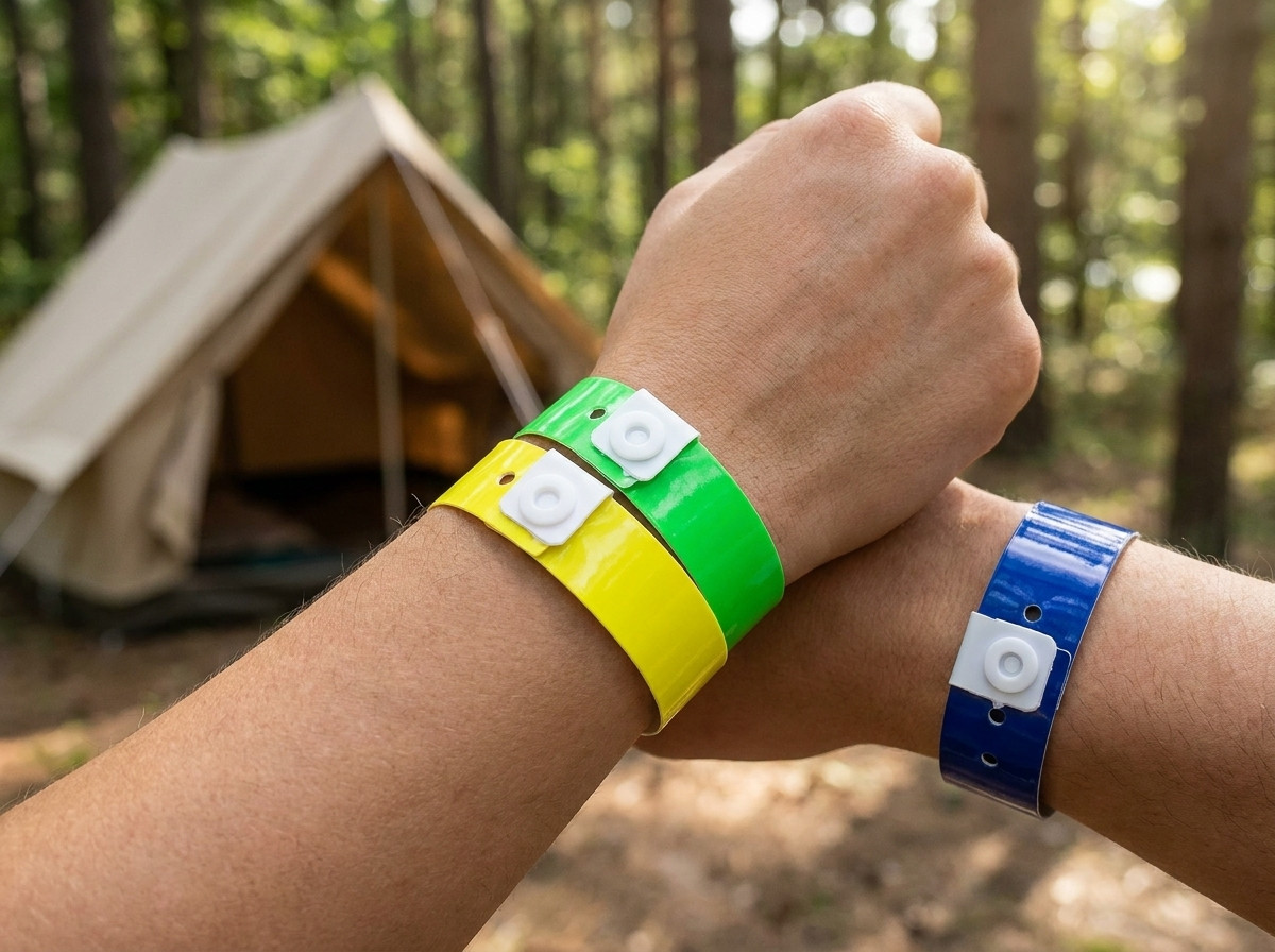 Colored Tyvek camping wristbands worn by campers at the entrance of a sunny outdoor swimming pool
