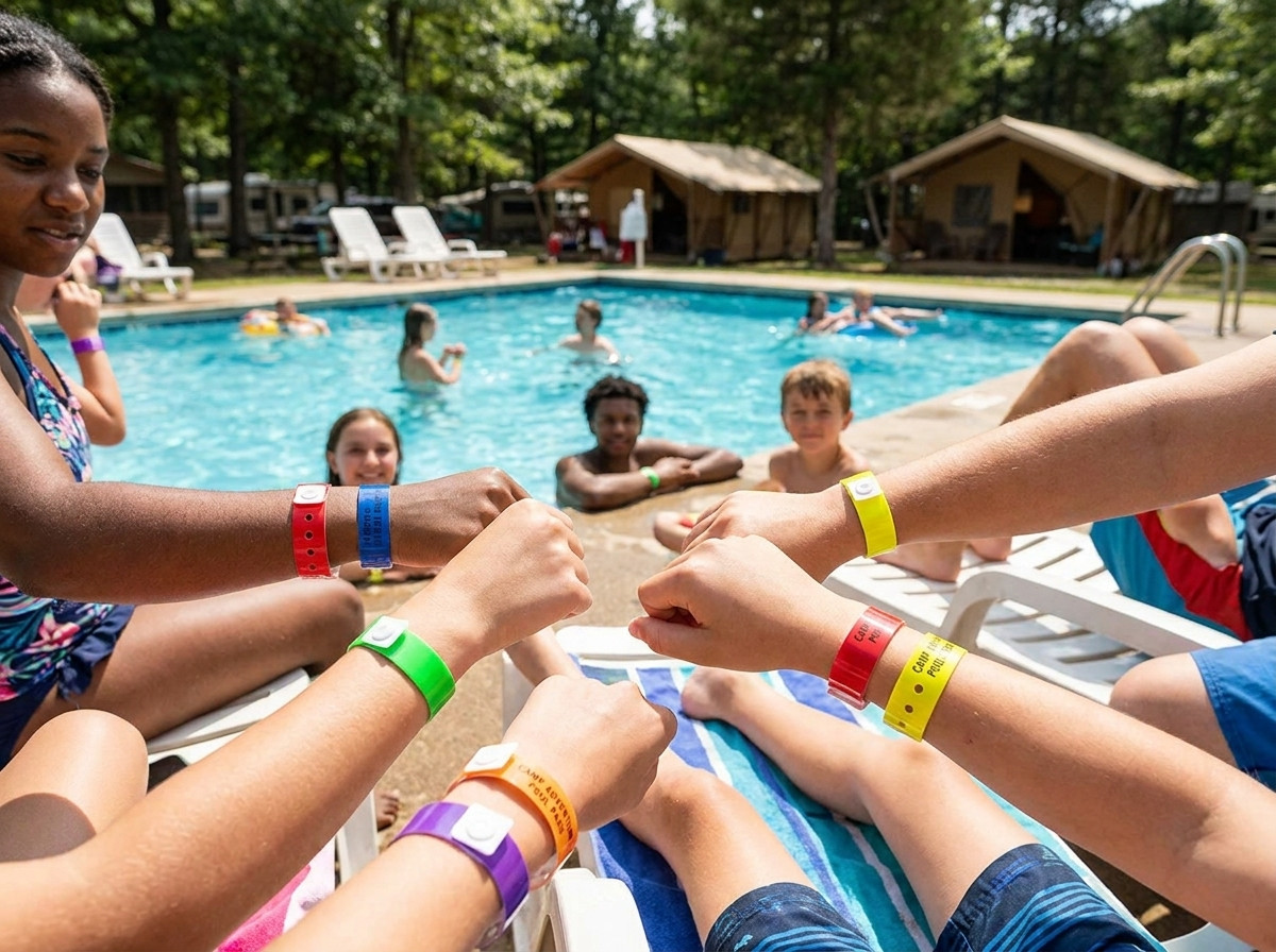 Colored vinyl wristbands worn by campers beside an outdoor camping swimming pool