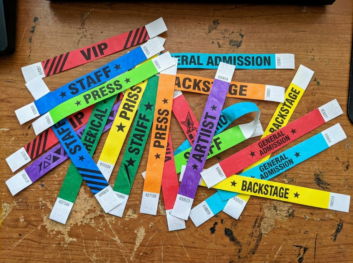 Coloured Tyvek festival wristbands arranged on a production table showing different colours and prints to distinguish pass types