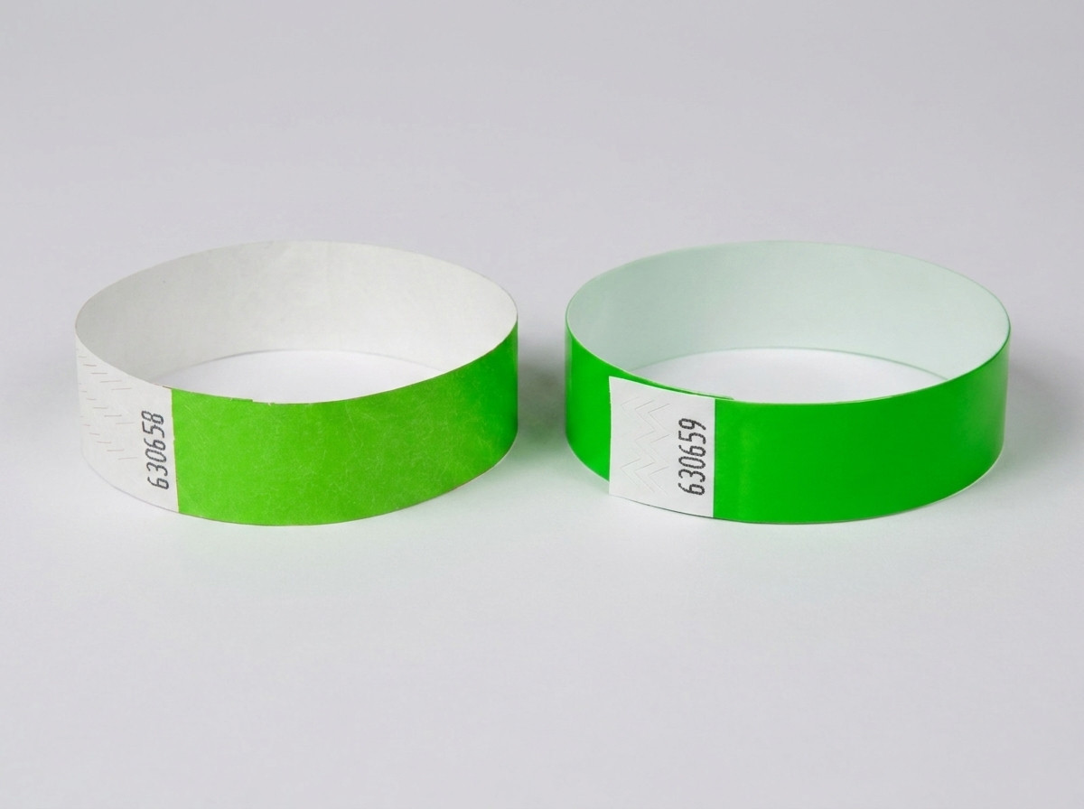 Side-by-side comparison of a white Tyvek wristband with a printed barcode and a colored ID wristband with a barcode, placed on a festival table