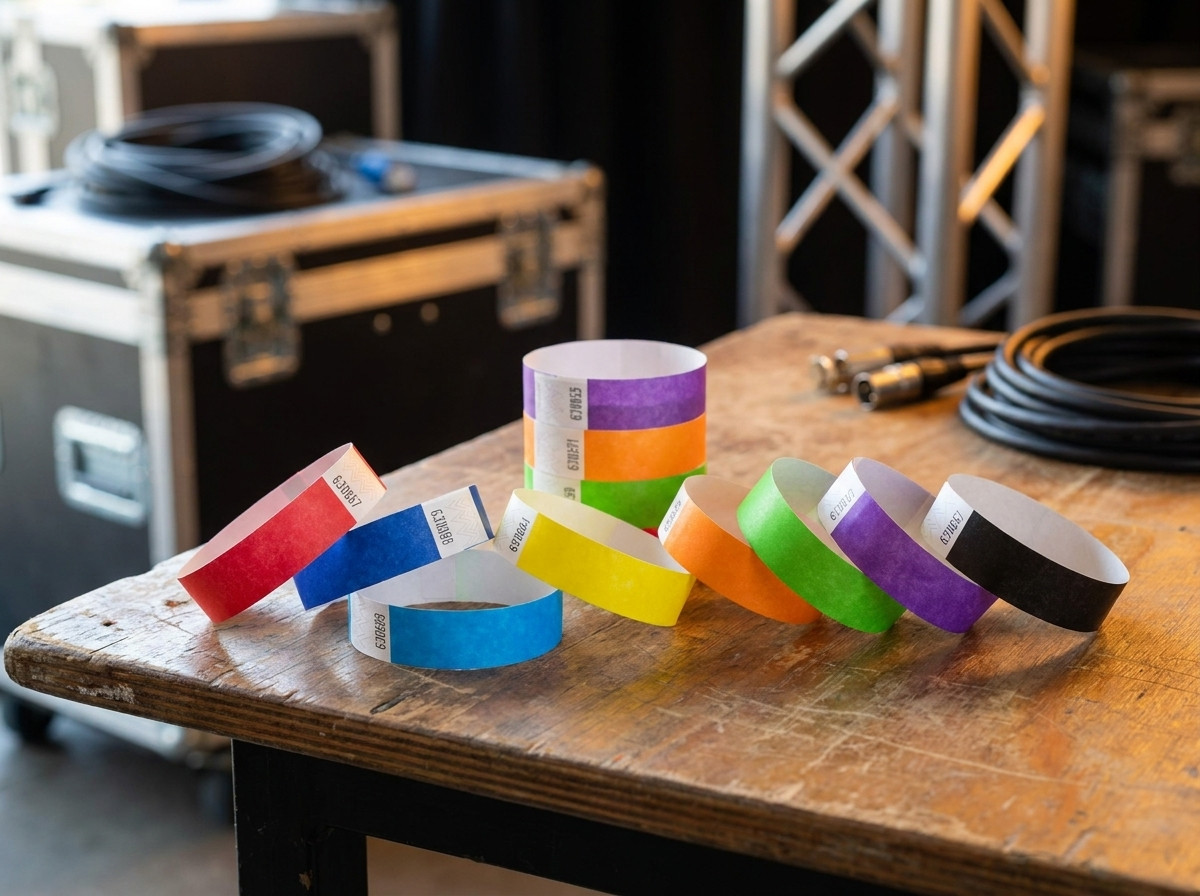 Assortment of multi-color backstage concert wristbands arranged on a stage production table