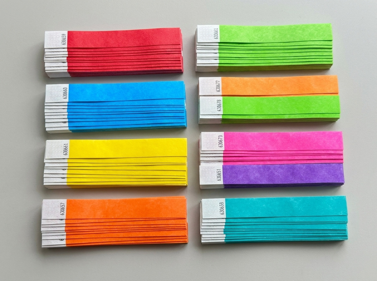 Colored Tyvek multi-stage festival wristbands stacked by color representing each stage and each day