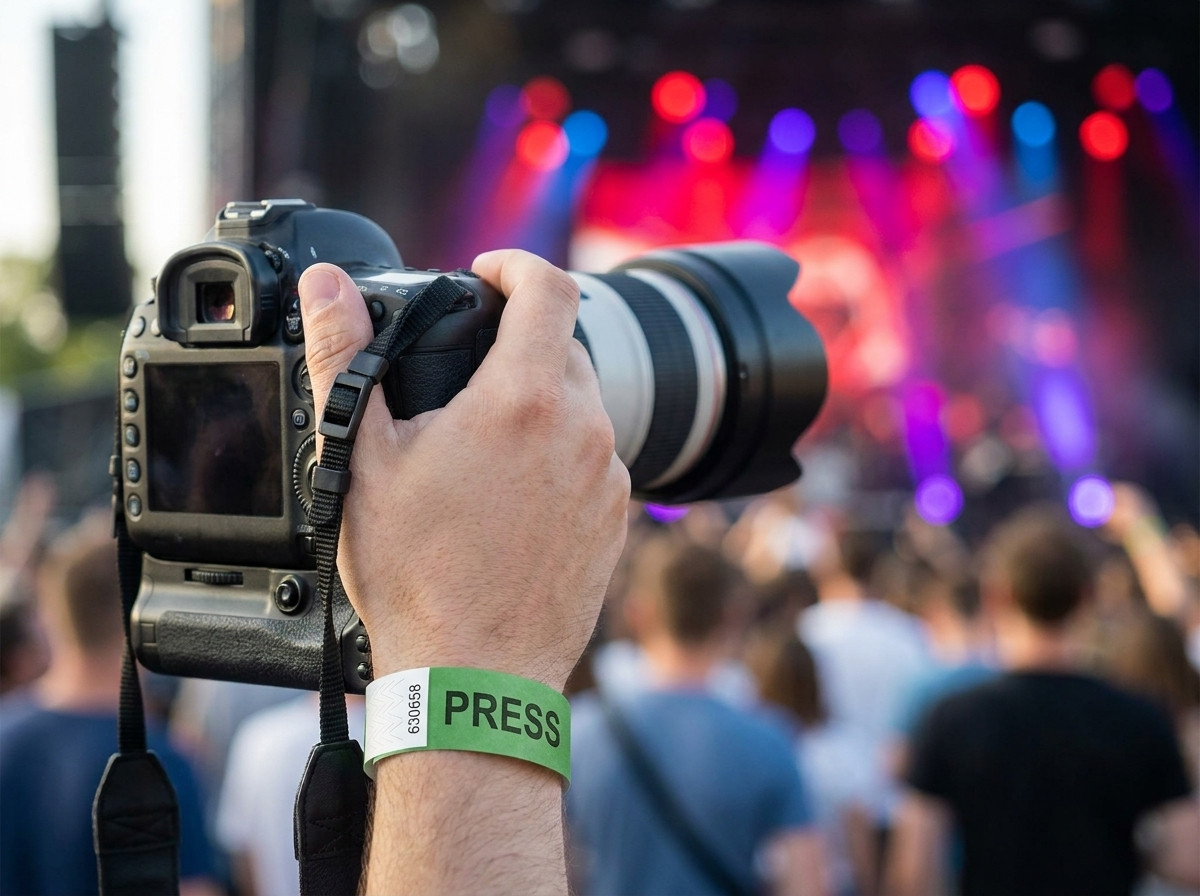 A pit photographer wearing a personalized press wristband at a concert