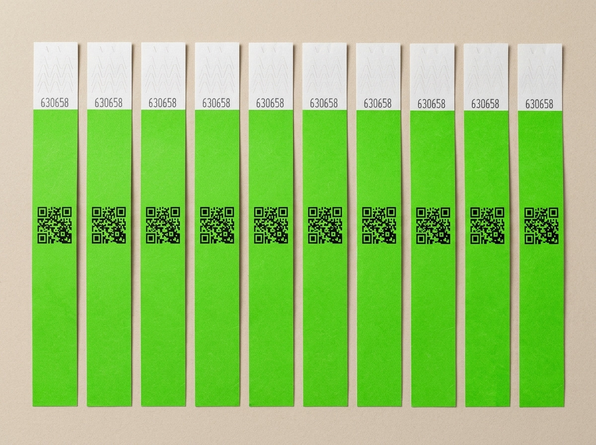 Numbered anti-fraud ID wristbands lined up, showing the tamper-proof closure and QR code printed in high definition