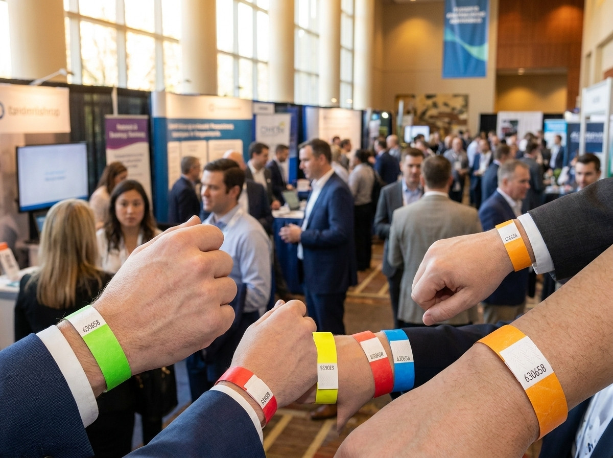 Colored Tyvek wristbands worn by professionals at the entrance of a B2B trade show, with visible barcode and tamper-proof closure