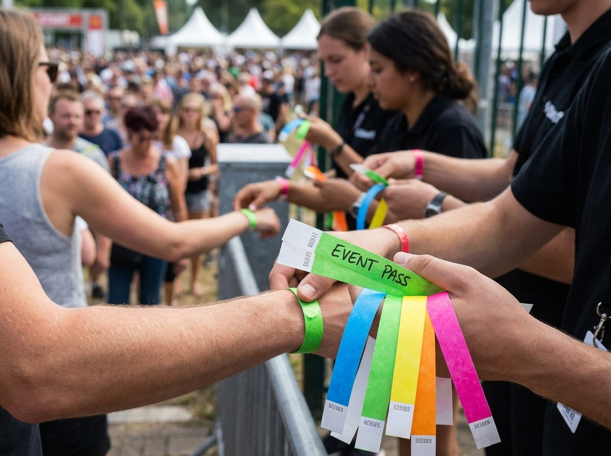 Colored Tyvek wristbands handed to spectators at the entrance of a stadium during a football match