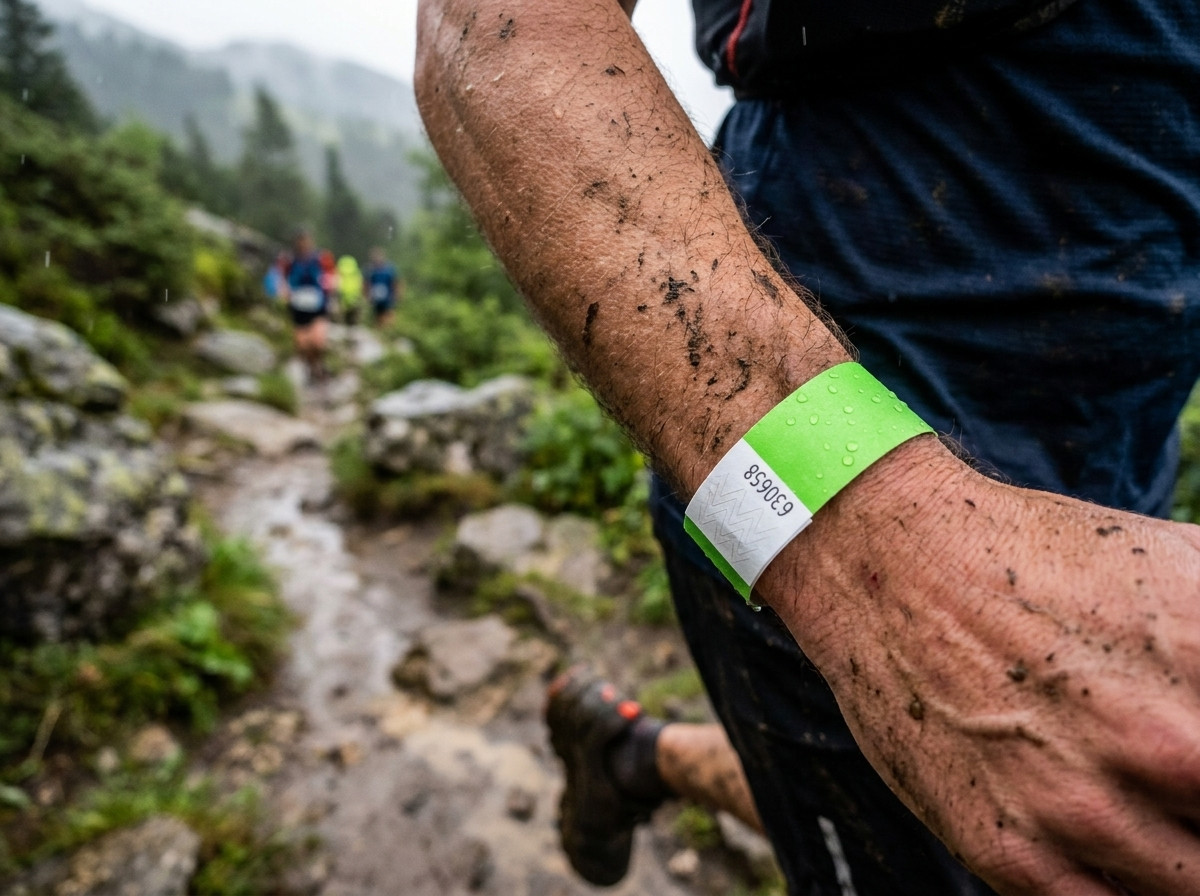 A trail runner wearing a mud-resistant ID wristband during a mountain race