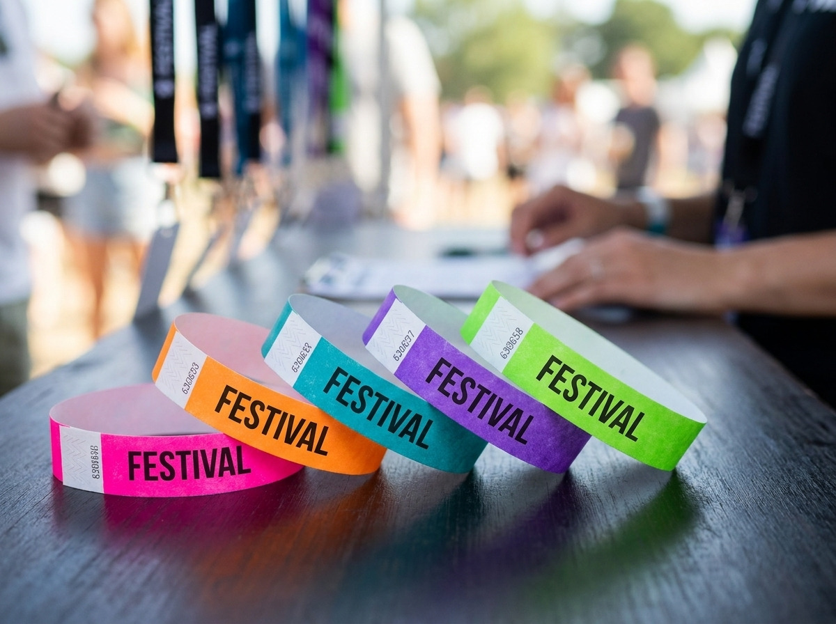 Personalized multicolor Tyvek festival wristbands with HD printing and tamper-proof closure, placed on an event control table