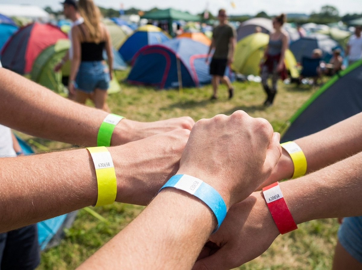 Coloured ID wristbands worn by festival-goers in front of an outdoor festival campsite with tents in the background