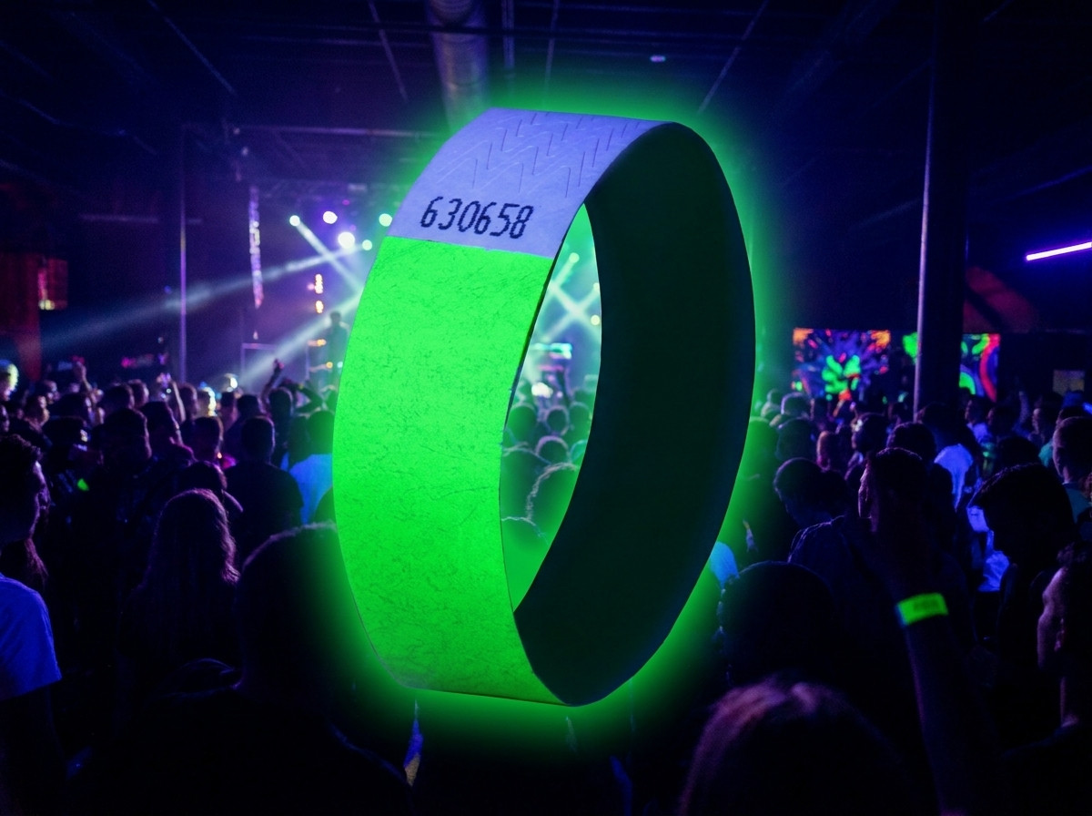 Fluorescent Tyvek wristbands for an electronic festival under black light, with logo and QR code printed in high definition