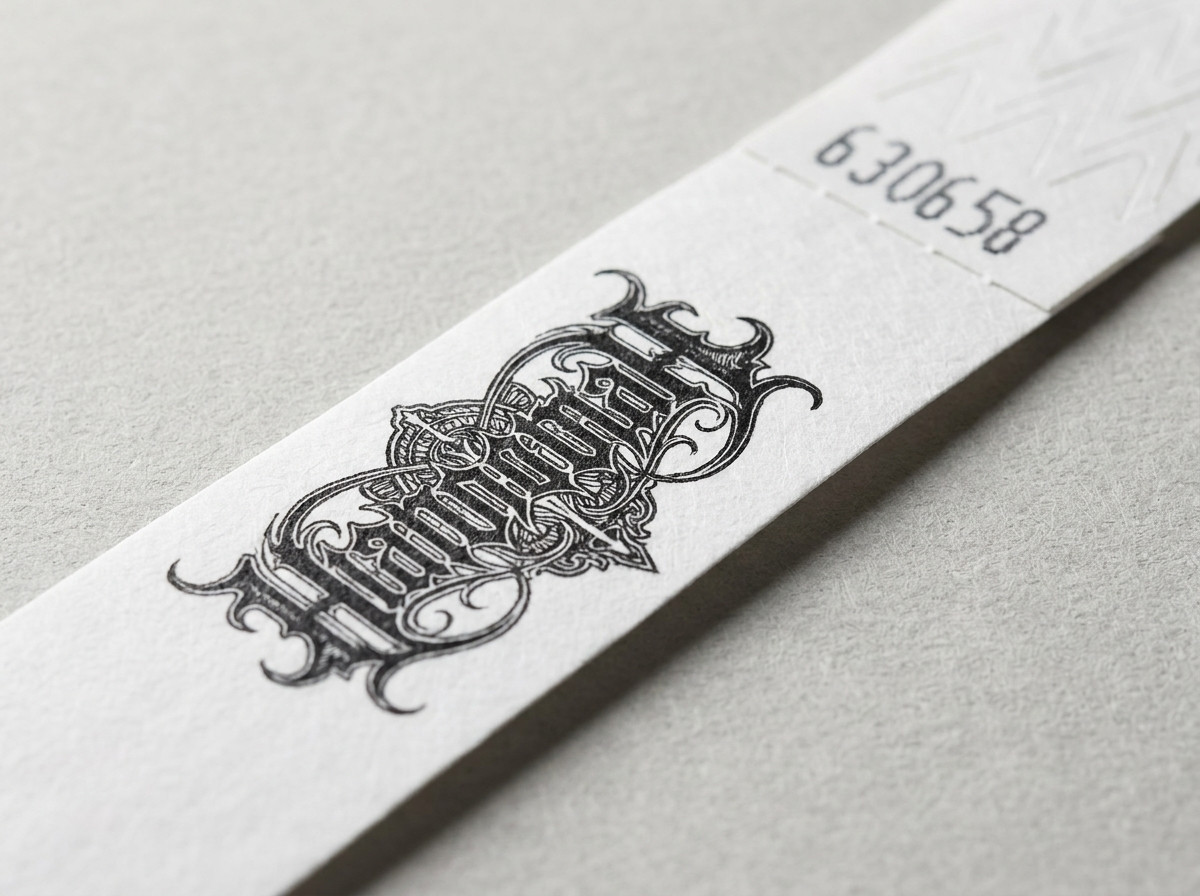 Close-up of a Tyvek wristband with HD printing showing a complex logo in vivid colors and fine details