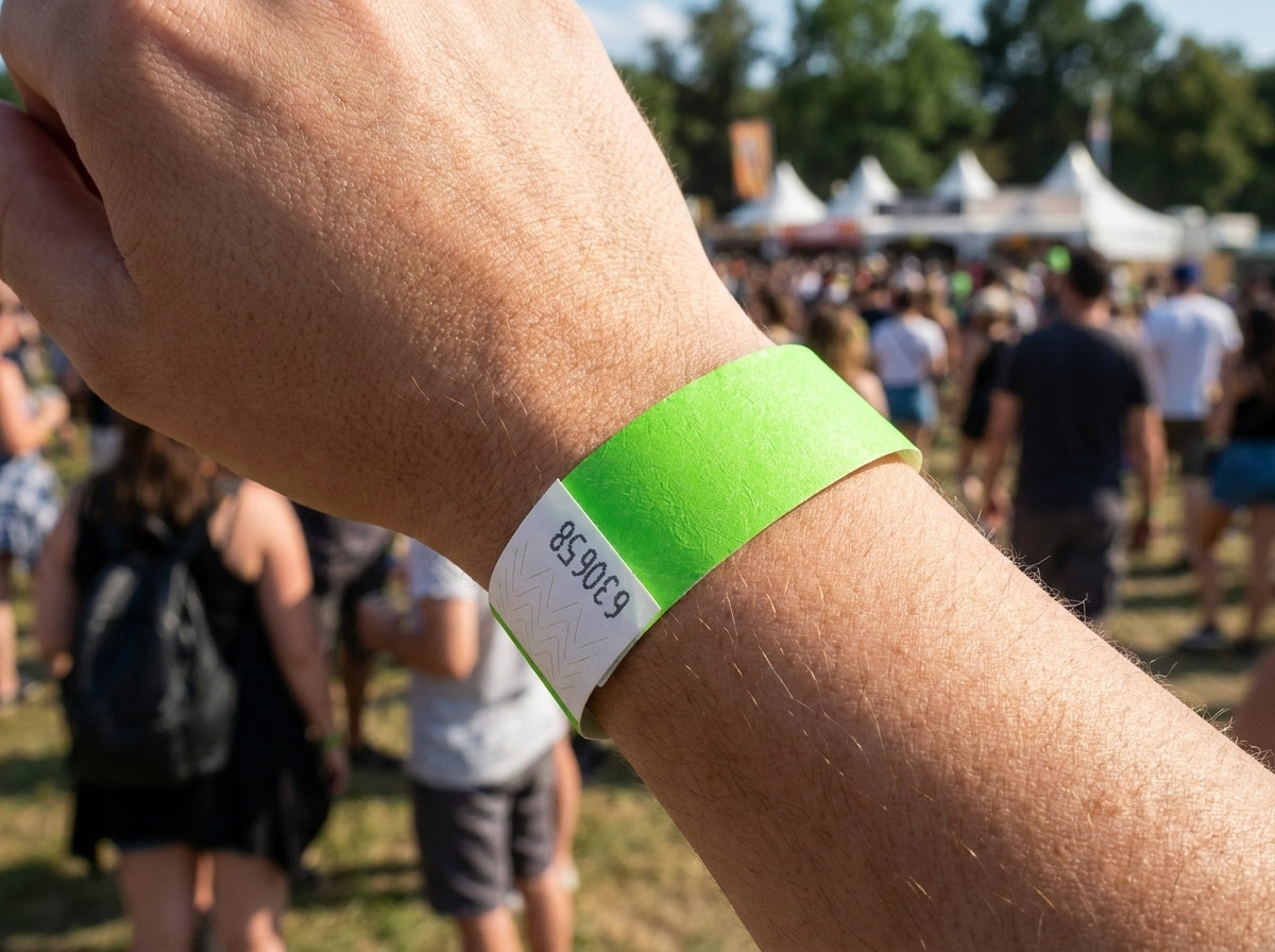 PVC vinyl wristband with a high-definition printed photo, worn on the wrist at an outdoor festival