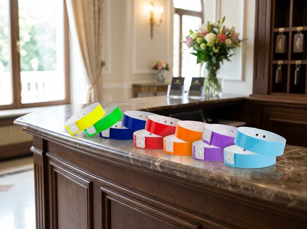 Coloured all-inclusive wristbands arranged on a hotel reception counter, each colour representing a different stay package
