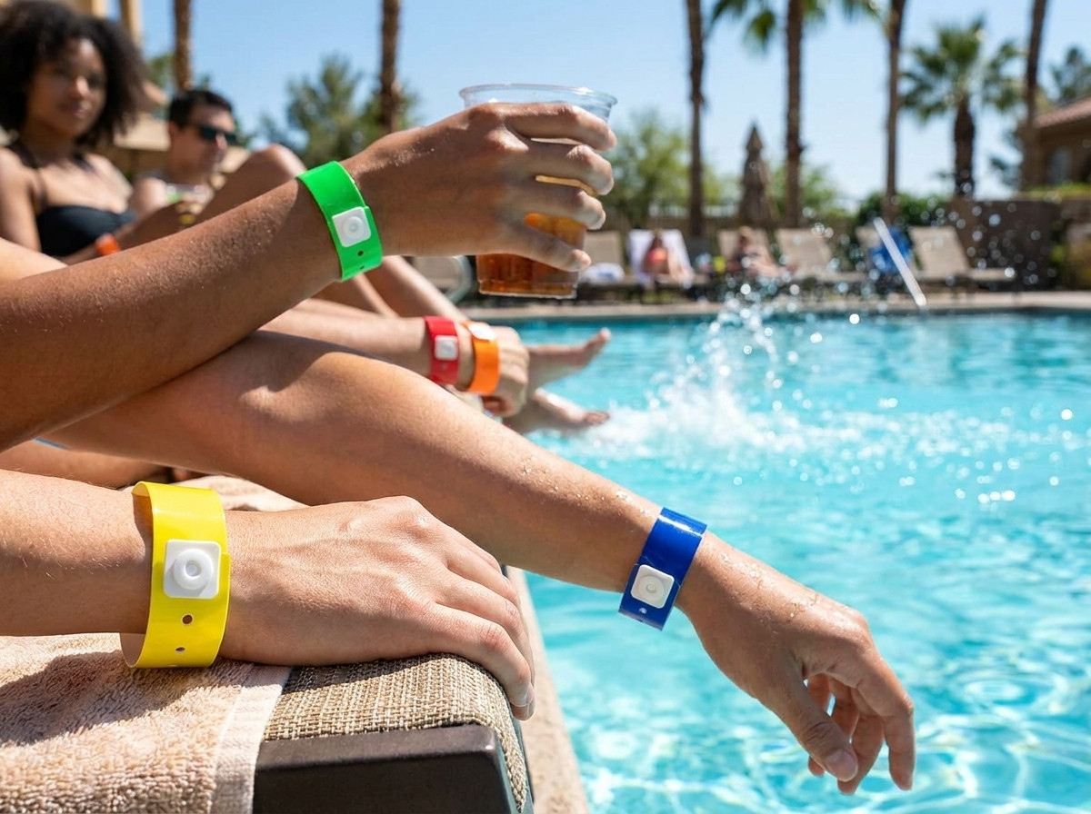 Coloured vinyl wristbands worn on the wrists of guests beside a sunny outdoor hotel pool