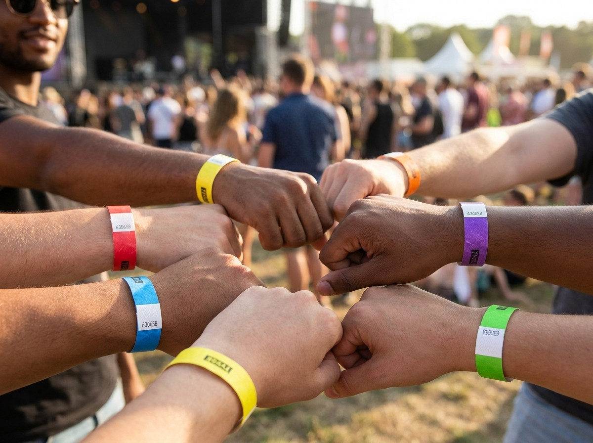 Multicoloured Tyvek wristbands for identifying visitor categories at an outdoor festival