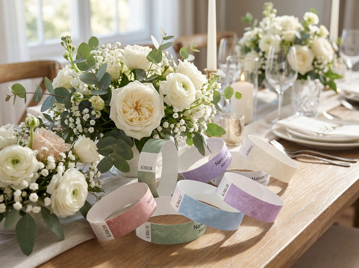 Personalised coloured Tyvek wristbands for a wedding, arranged on a floral decoration table