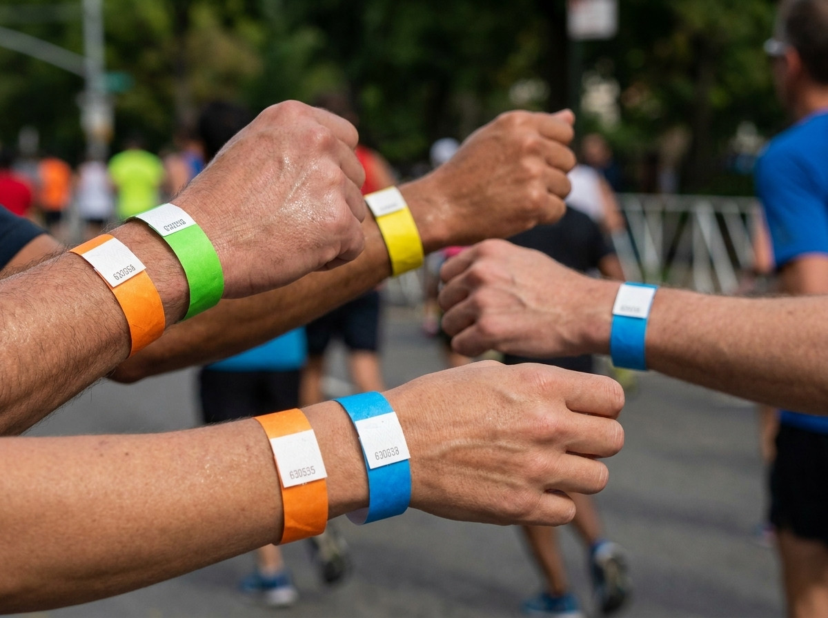 Runners wearing coloured identification wristbands during an urban marathon