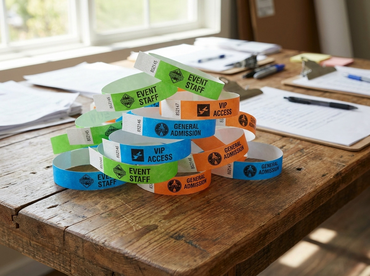 Custom Tyvek wristbands with logo and numbering prepared for a festival or corporate seminar