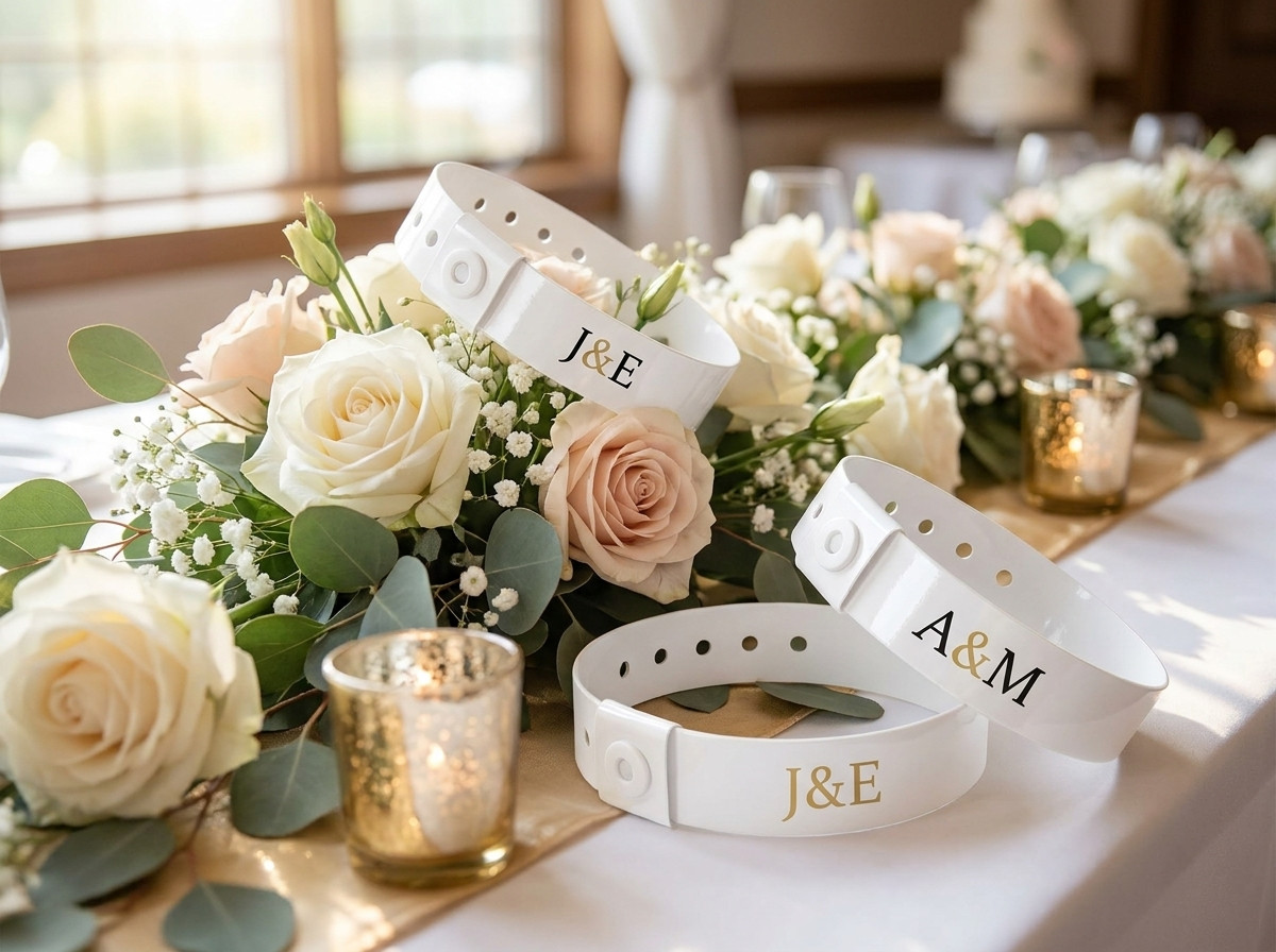 Personalized white wedding wristbands with gold initials arranged on a floral decoration table