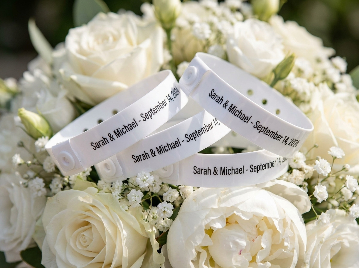 Personalised white wedding ceremony wristbands with the names of the couple and date printed in gold, placed on a bouquet of white flowers
