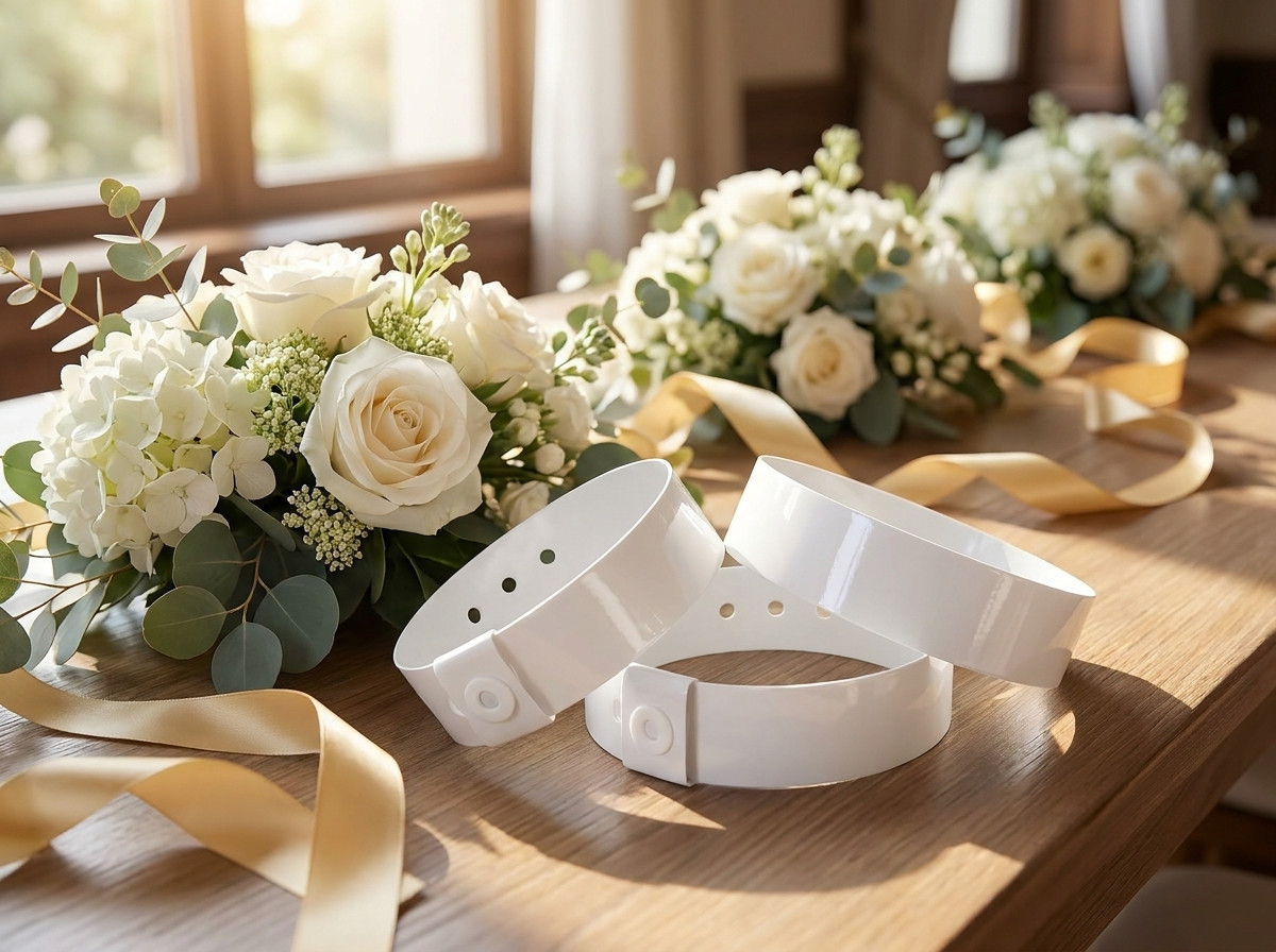 Personalised VIP wedding wristbands placed on a table decorated with white flowers and golden ribbons