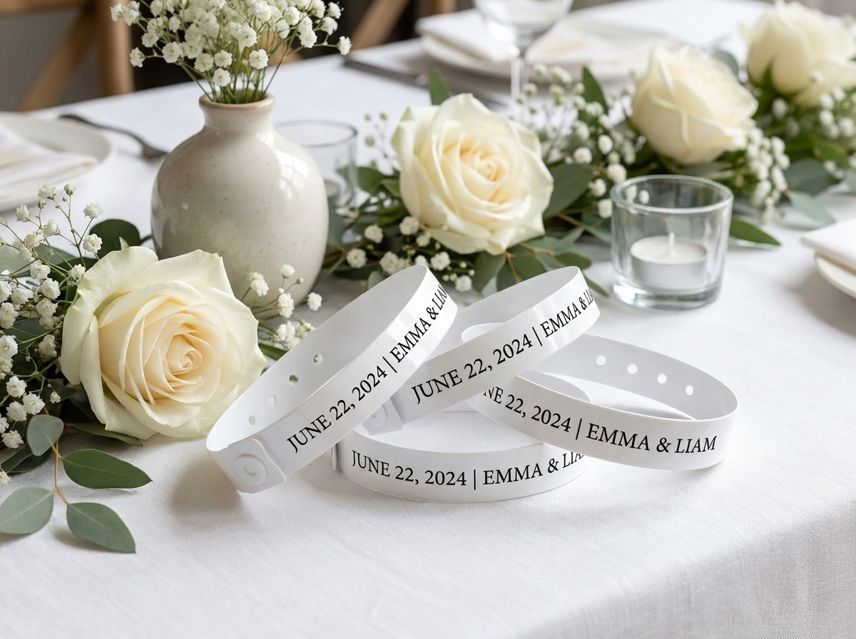 Personalised white Tyvek wristbands with the names of the couple and date, placed on a wedding table decorated with flowers
