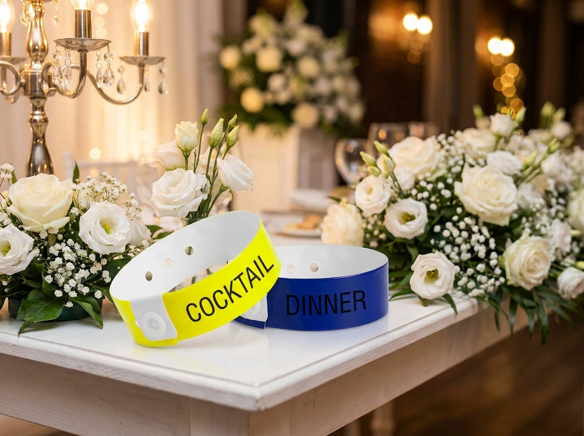 Two types of wedding wristbands placed side by side on a reception table decorated with white flowers, illustrating the distinction between cocktail and dinner