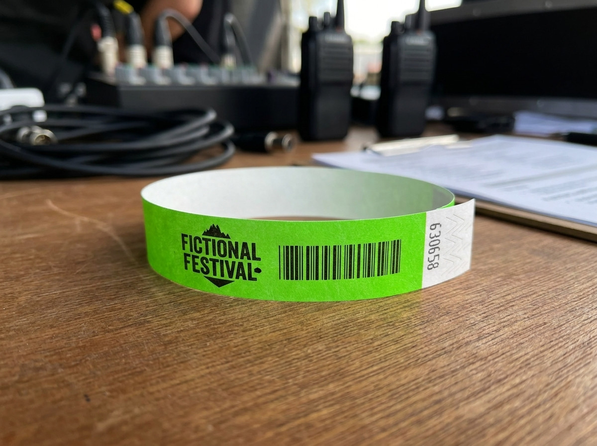 Close-up of a white paper wristband with a printed logo fastened on a wrist
