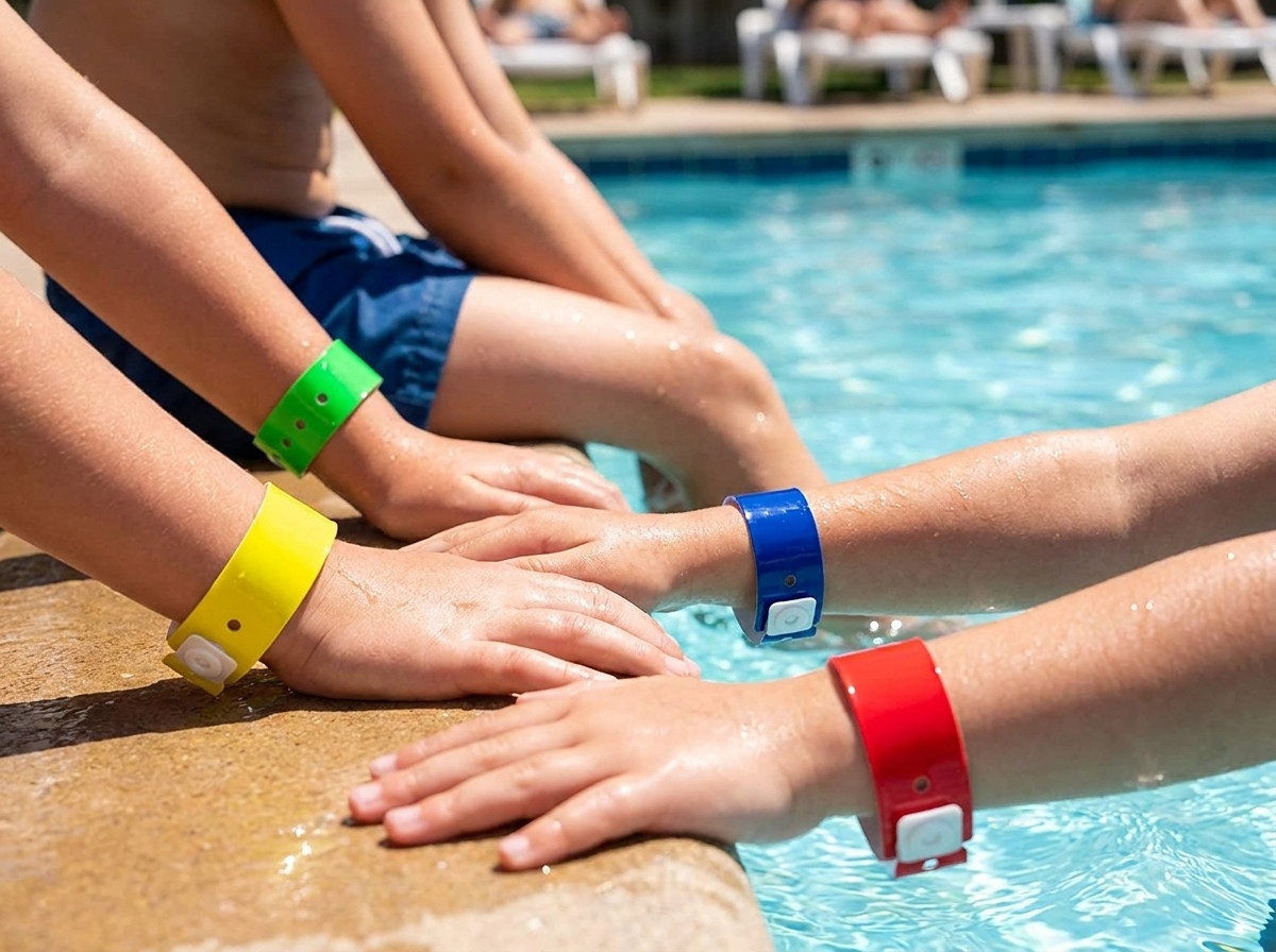 Yellow green blue and red coloured vinyl wristbands worn by children beside an indoor pool during a swimming lesson