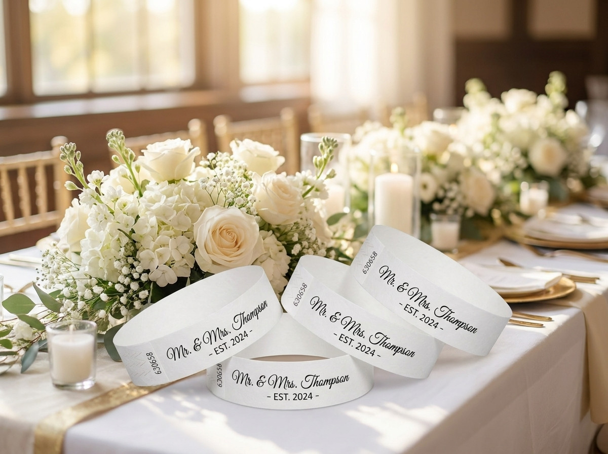 Custom white ID wristbands printed with the names of the bride and groom and the wedding date displayed on a table decorated with white flowers
