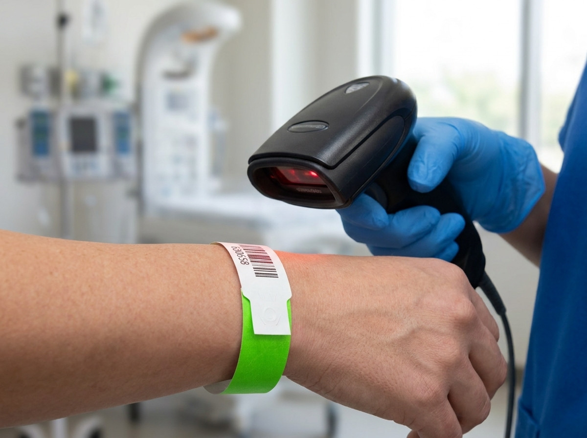 Nurse scanning a rigid plastic wristband on a patient wrist