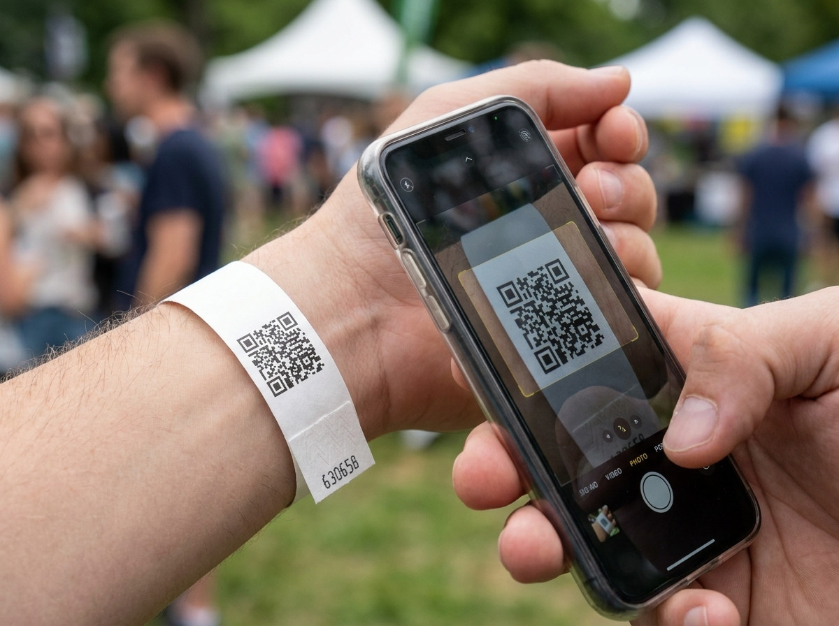 Close-up of a white Tyvek wristband with a black-printed QR code, scanned by a smartphone during an access check at a festival entrance