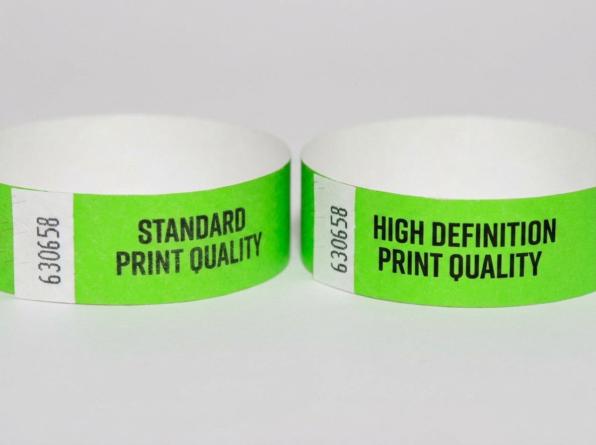 Side-by-side comparison of a Tyvek wristband and a ID wristband, each featuring a high-definition printed QR code with a colorful event design