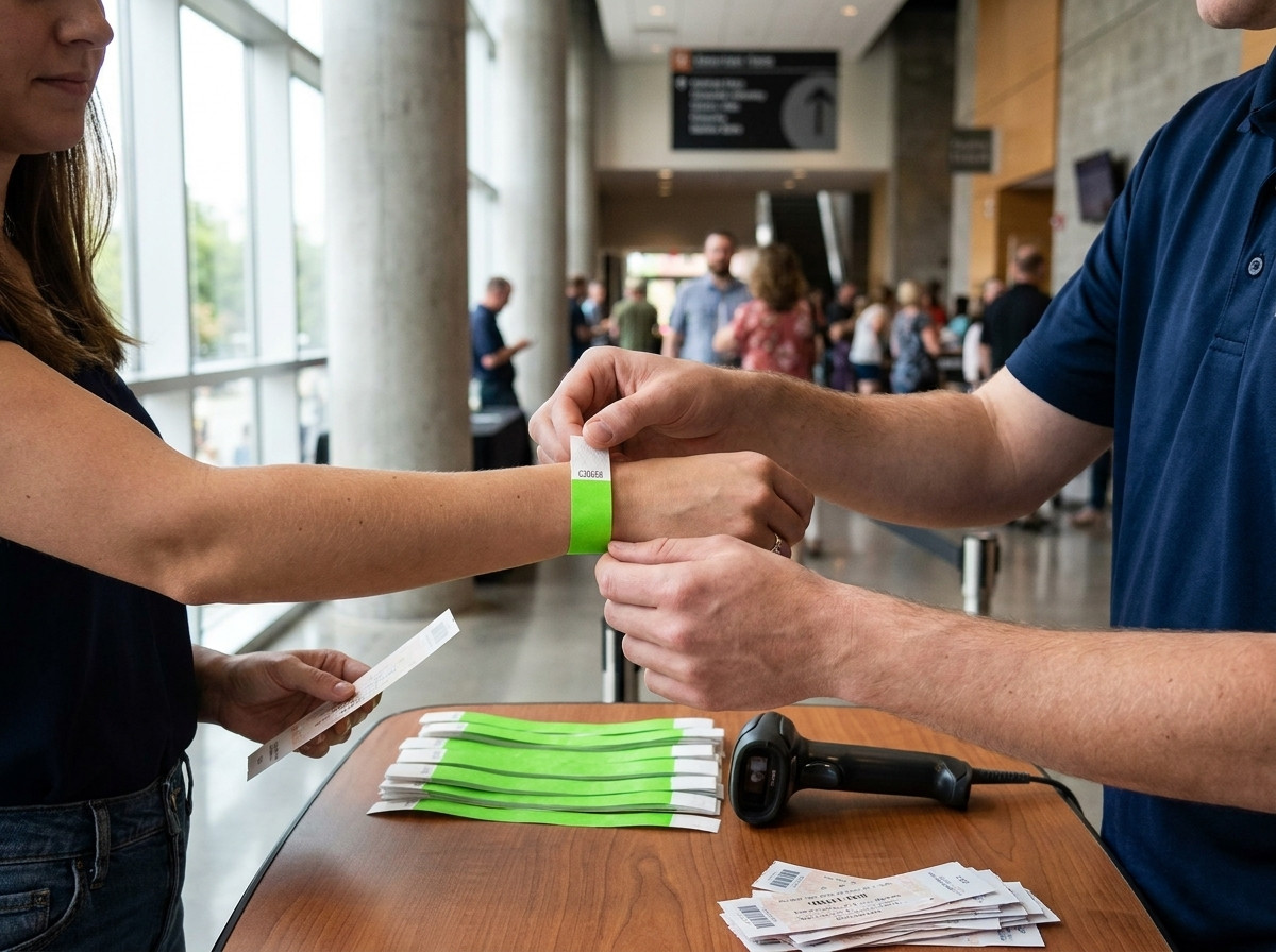 Access control table at a festival, with QR code Tyvek wristbands stacked and ready to be handed out, and a staff member scanning a participant-s wrist with a phone