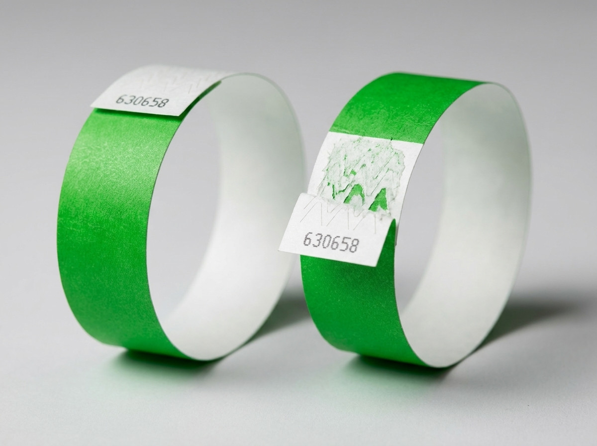 Side-by-side comparison of a custom Tyvek wristband and a custom ID wristband for an event illustrating differences in material thickness and closure