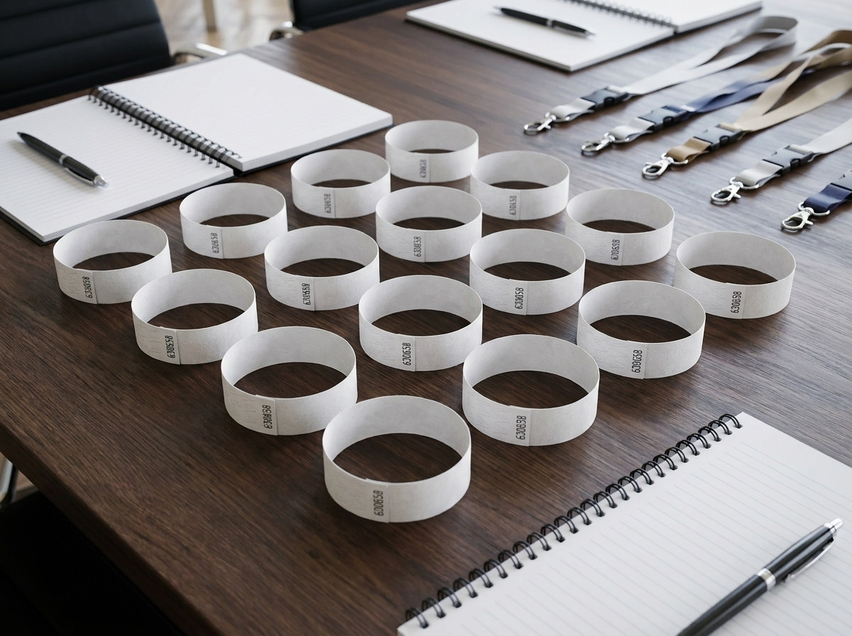 Personalized seminar wristbands with corporate logo and barcode, placed on a professional conference table