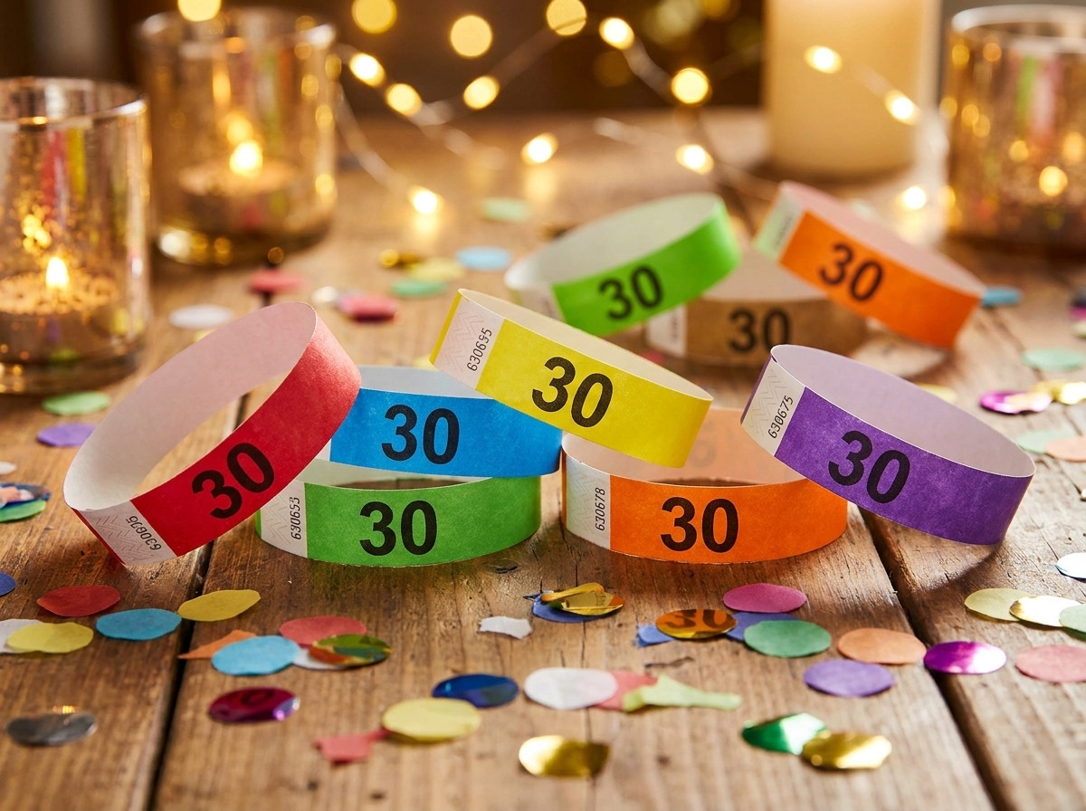 Personalized colored Tyvek wristbands featuring the number 30 for a birthday party, placed on a table decorated with confetti