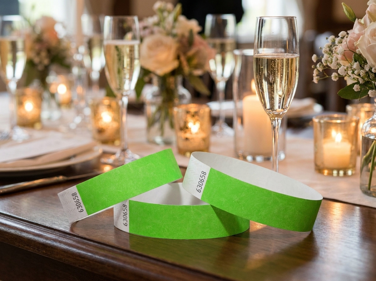 Personalized Tyvek wristbands for an elegant private party, placed on a decorated table with champagne glasses
