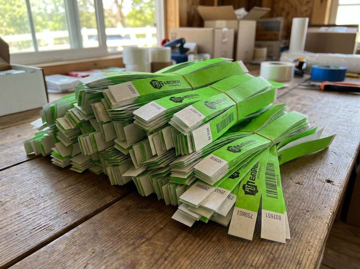 Custom Tyvek wristbands with logo and barcode, prepared in bulk for a large festival, showing the diversity of printing options