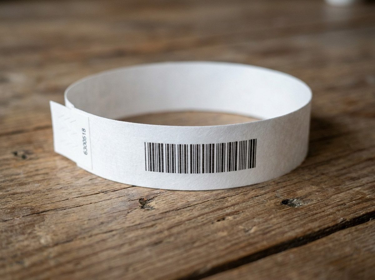 Close-up of a printed white Tyvek wristband with logo and barcode placed on a wooden surface