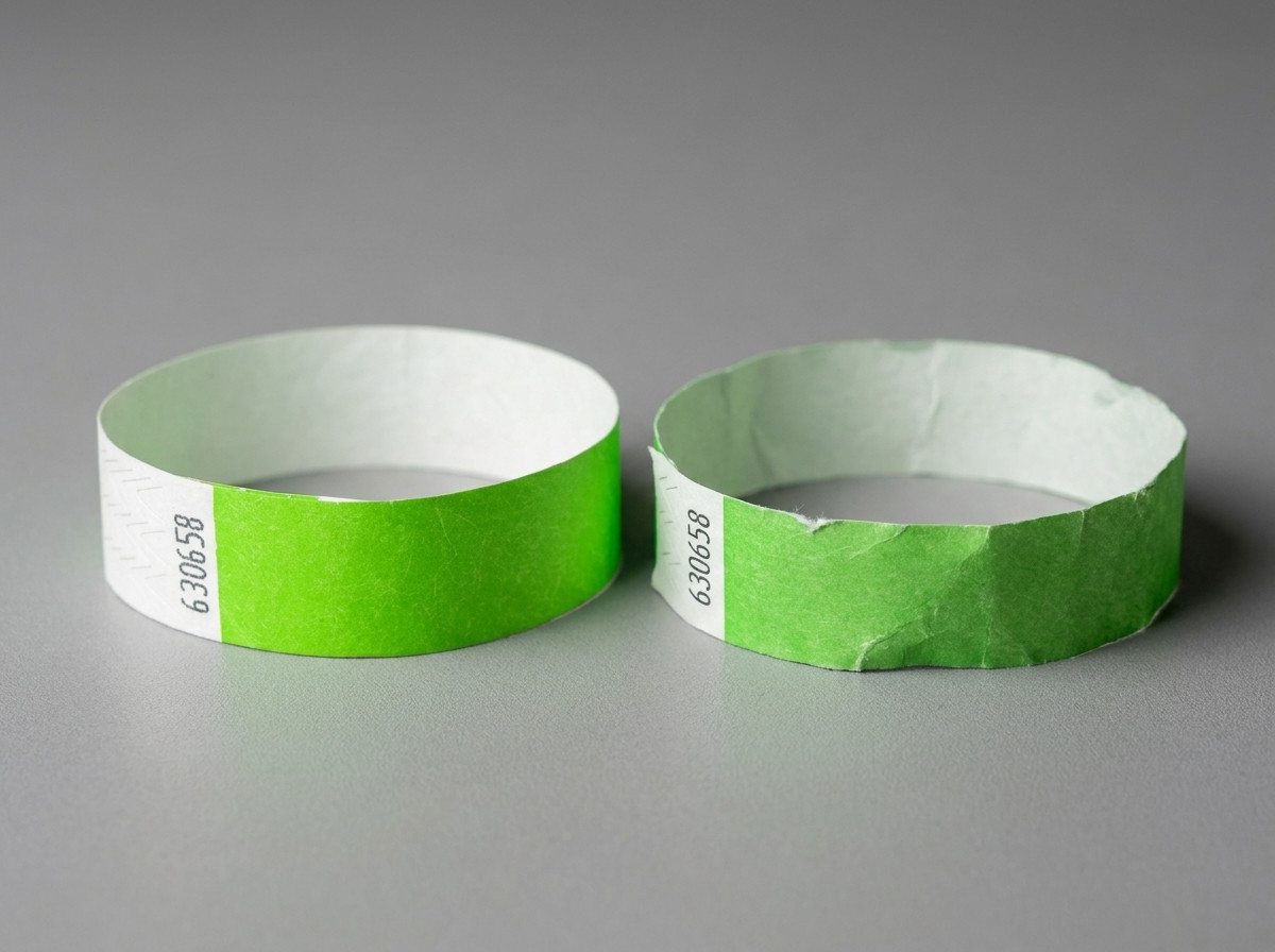 Side-by-side comparison of a wet Tyvek wristband and a wet paper wristband on an outdoor surface in the rain