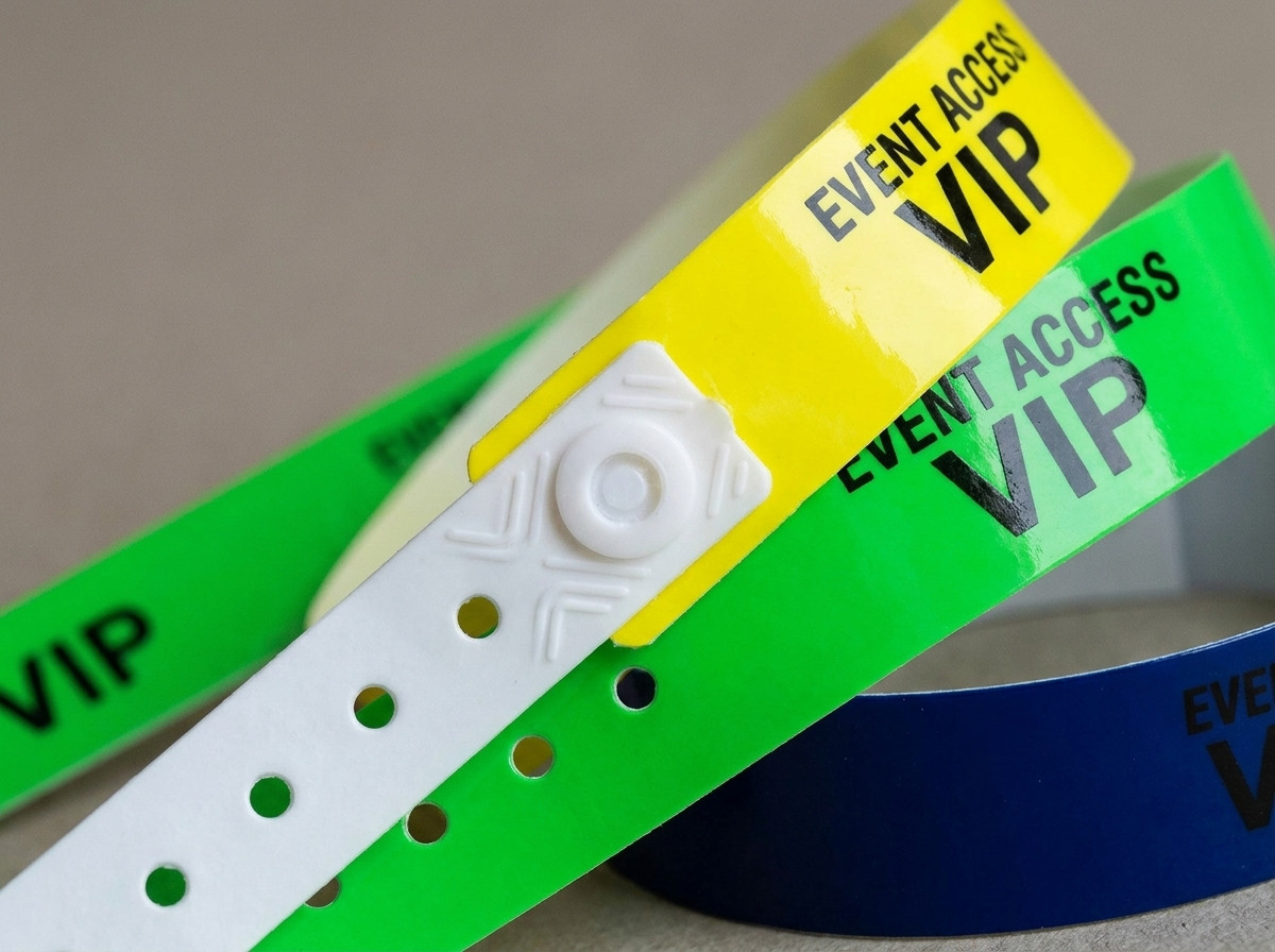 Colourful vinyl PVC wristbands for access control with tamper-proof closure