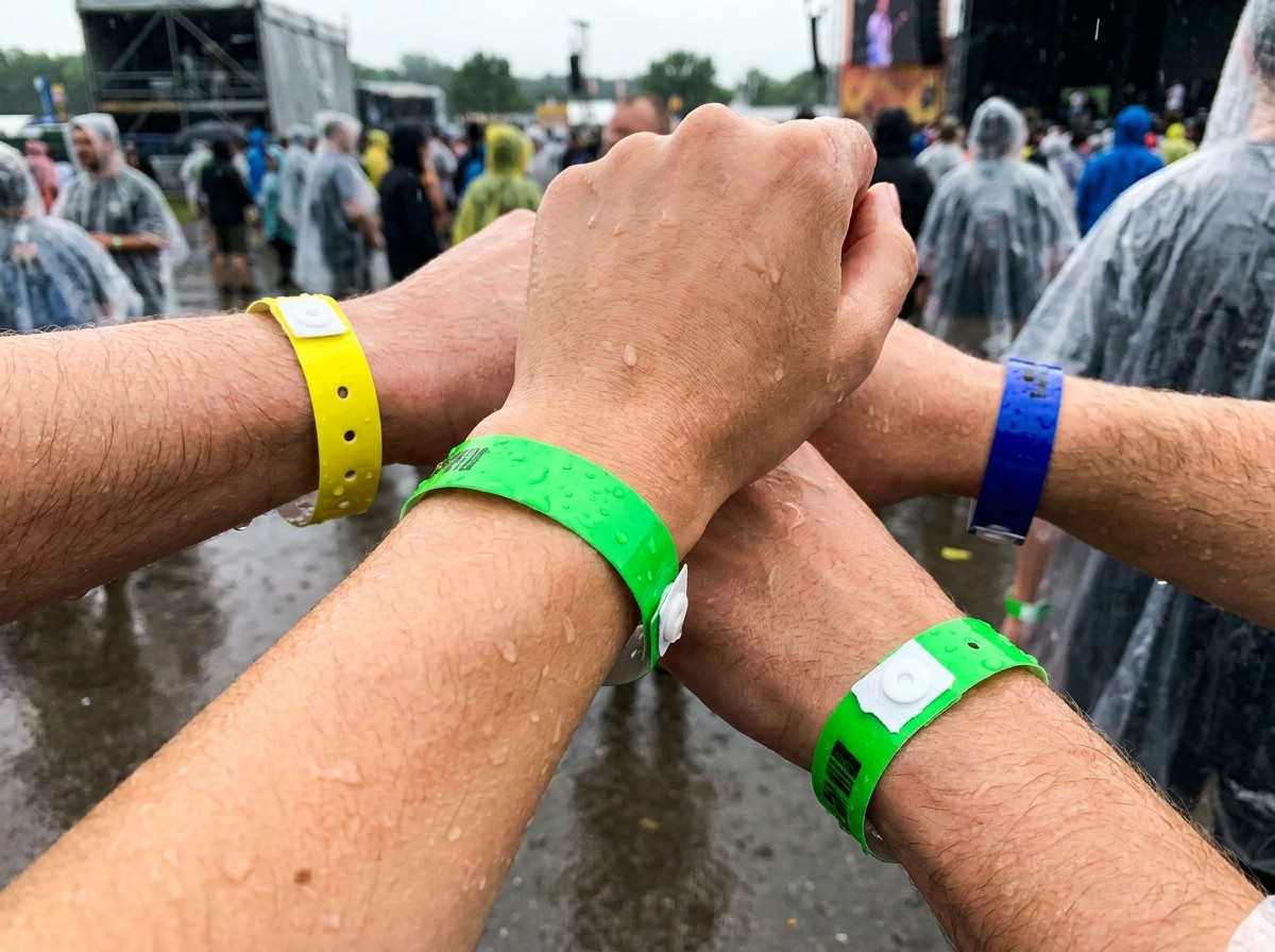 Colored PVC vinyl wristbands worn on the wrist during a multi-day festival in the rain